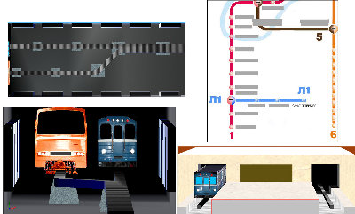 Тоннель в 2 ракурсах;<br />Станция с маленькими платформами;<br />Часть карты Московского метрополитена (названия не видел).<br />[Авторы использованных фото: О. Бодня, Enigma, klon; схема - Metrofun]