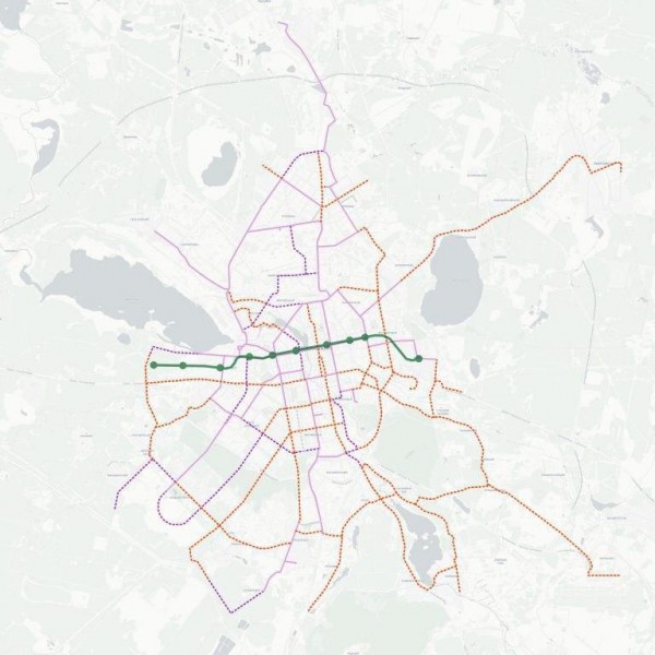 Для сравнения: зелёным выделена одна планируемая линия метро, а все остальные линии — предлагаемые трамвайные примерно на ту же сумму.