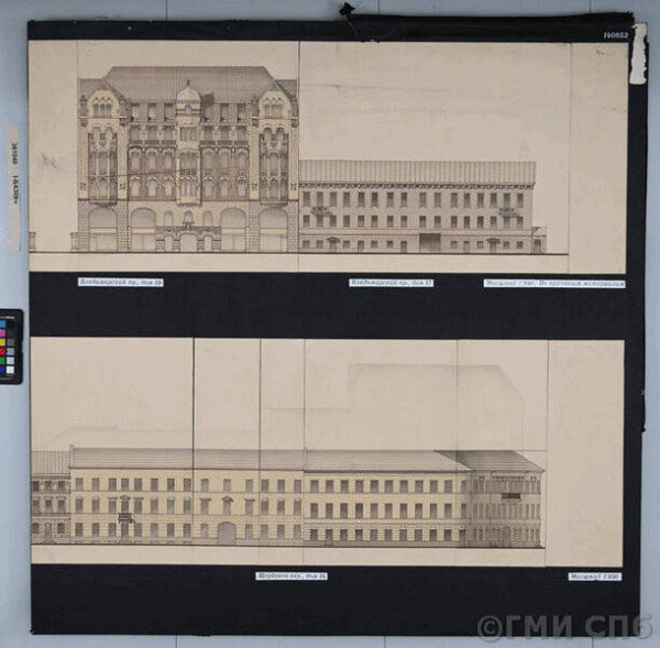 Конкурсный проект реконструкции Владимирской пл. в связи со строительством новой станции метрополитена. Лист № 4: развертка фасадов по Владимирскому проспекту и по Щербакову переулку, 2-я премия, 1988